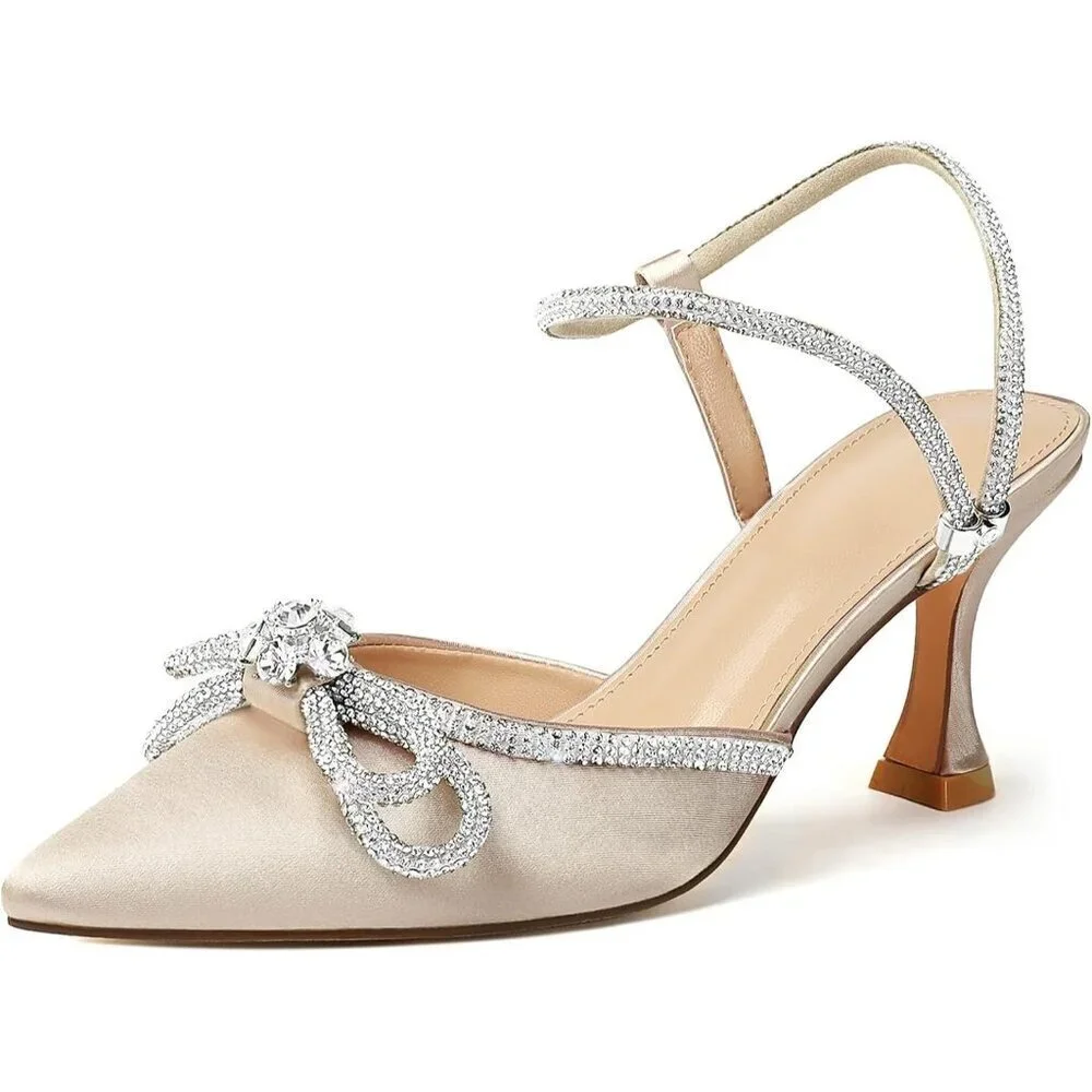 Women's Apricot Closed Toe Rhinestone Wedding Low Slingback Clear Kitten Heels